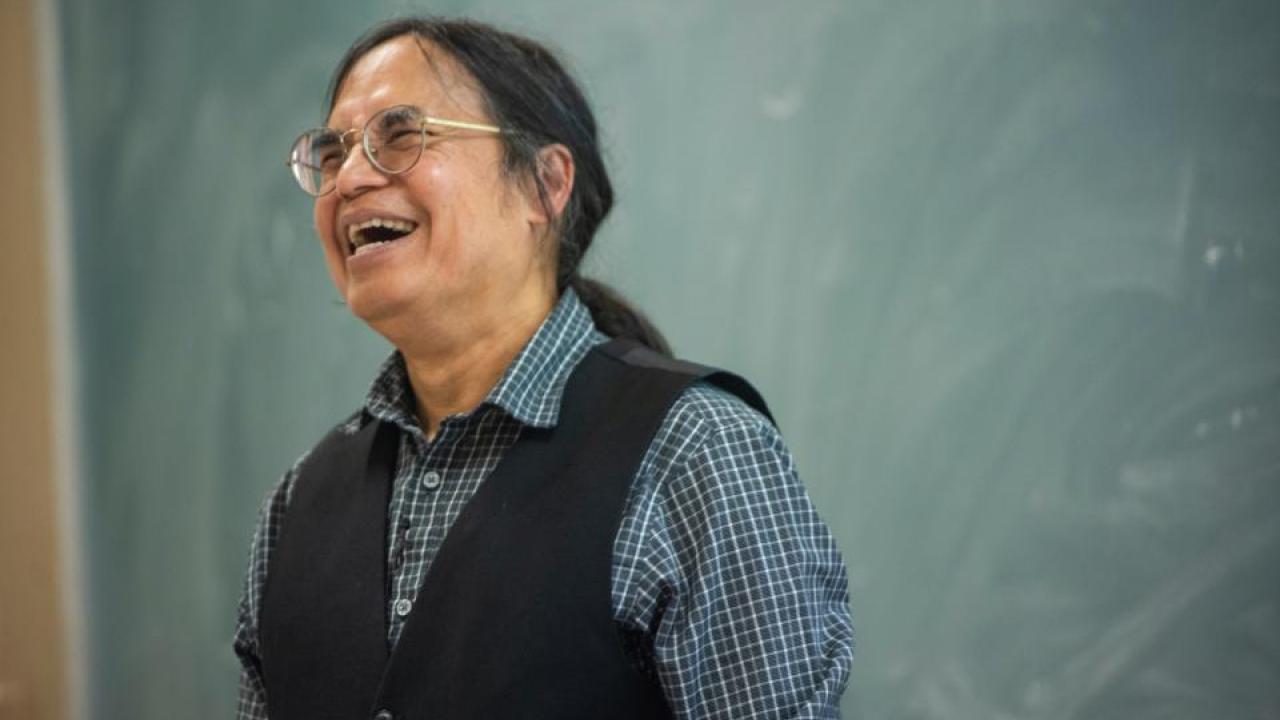 Professor Kyaw Tha Paw U laughs during the March 11 class announcement of his Teaching Prize award. (Karin Higgins/UC Davis)